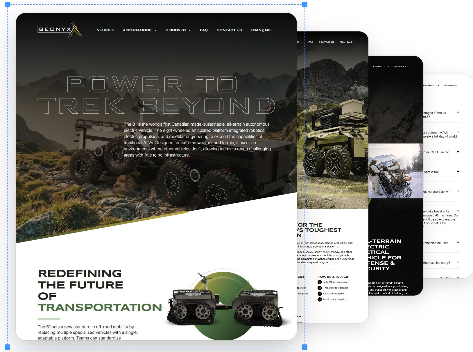 Pages of the new beonyx.ca website: home, the B1, Defence & Security, FAQ